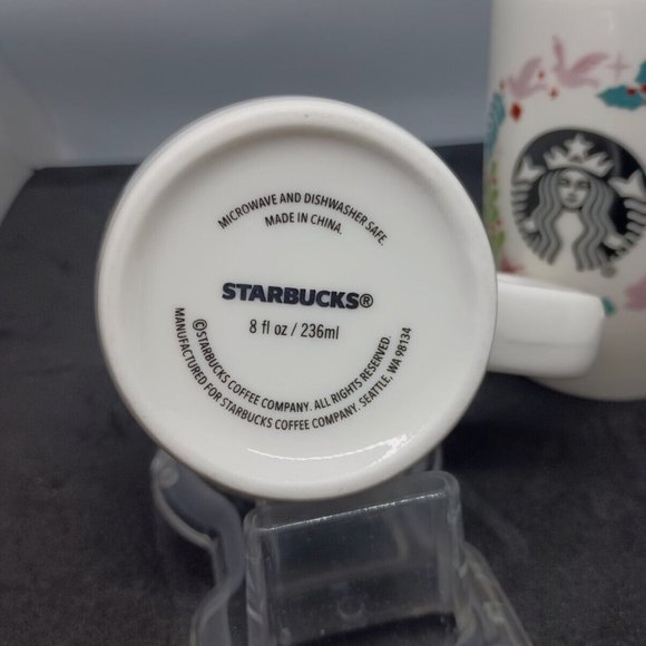 Set of 2 Starbucks White Holiday Wreath Mermaid Logo 8oz Mugs Doves Mistletoe - Picture 5 of 6